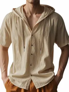Men's Solid Button Front Shirt, Regular Fit Casual Style Breathable Short Sleeve Collar Shirt for Summer, Fashion Men's Top for Daily Wear Button Up Top