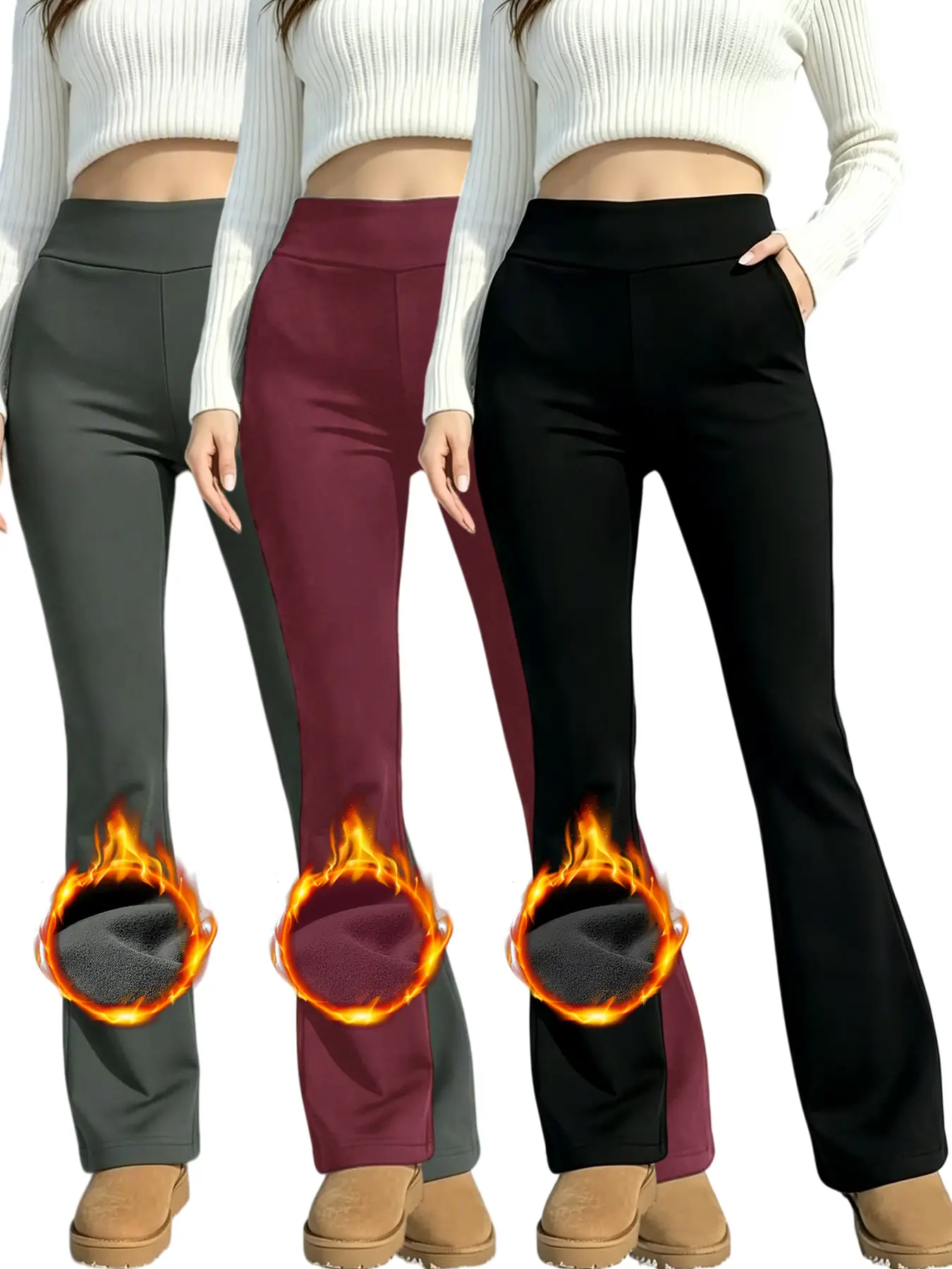 3-Pack Fleece Lined High-Waist Flared Pants - Tummy Control, Butt Lifting Sculpt Fit, Stylish Cozy Warm Thick Brushed Winter Leggings, Black Gray Red