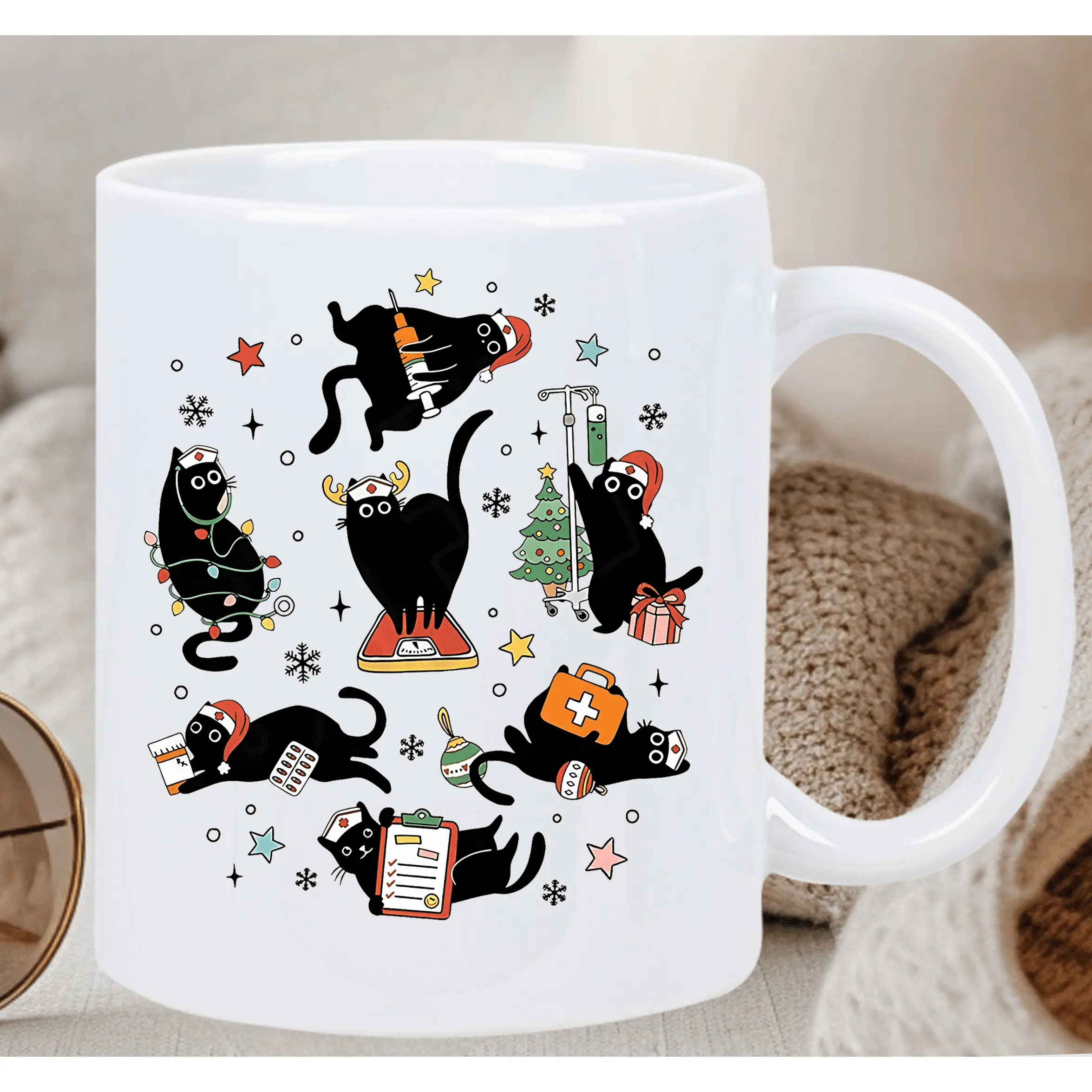 1pc Christmas Nurse Cat Ceramic Coffee Mug, 11oz, Double-Sided Print, Insulated, Reusable, Hand Wash Only, for Hot & Cold Beverages, Ideal Gift for Birthdays, Holidays, Christmas, New Year, Valentine's Day Drinkware