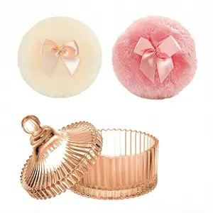 2 body powder puffs and 1 glass container, soft powder suction, glass box for dust suction, body powder suction, powder suction for dry cosmetics, powder applicator with dust removal powder shell (amber&colorful)