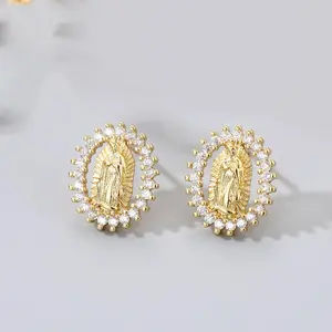 Virgin Mary Stud Earrings, Fashion Female Round Stud Earrings Vintage, 14K Gold Plated Hypoallergenic Cubic Zirconia, Religious Our Lady of Guadalupe Stud Earring for Women Gift