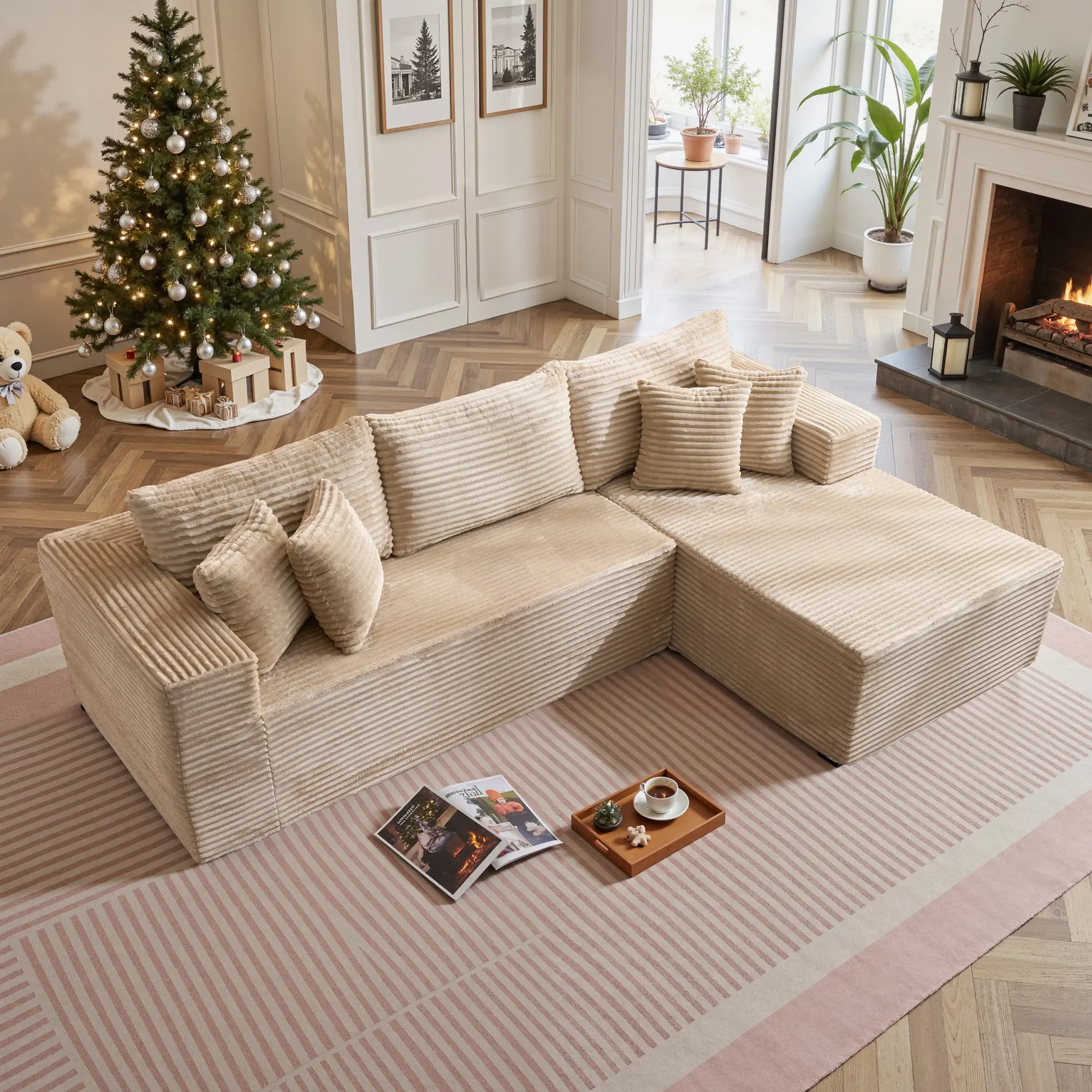 106" Beige L-Shaped Sofa, Right Chaise