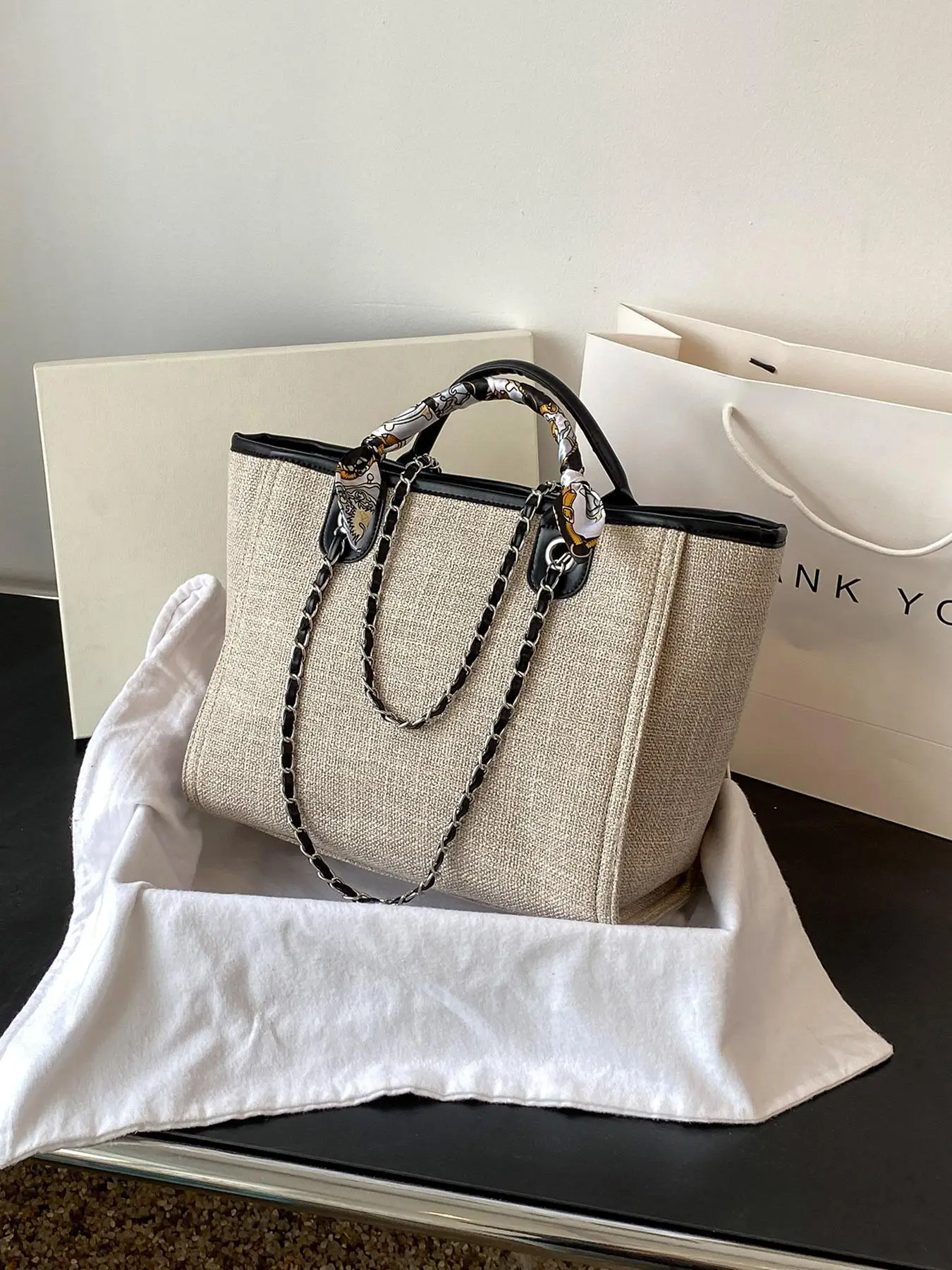 Women's Chain Simple Canvas Shoulder Bag, Retro Texture Silk Scarf Decorated Zipper Handbag, Casual Shopping Versatile Large Capacity Tote Bag