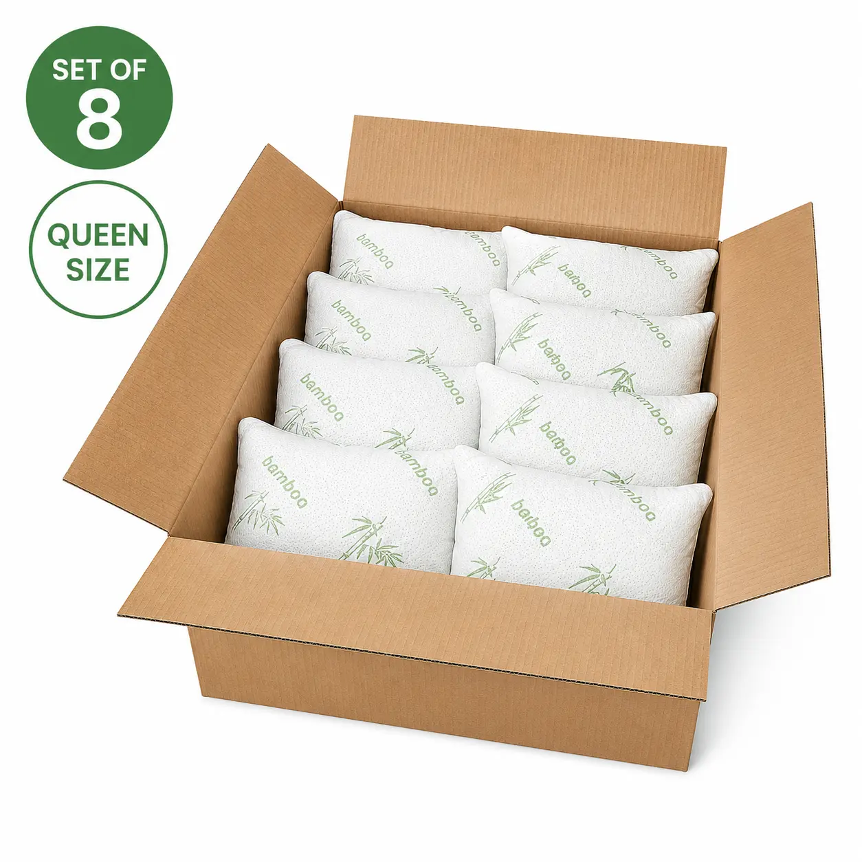 Queen Size Bamboo Memory Foam Pillows (8-Pack) - Wholesale Bulk Bedding Pillows with Soft Breathable Covers for Hotels, Home Use