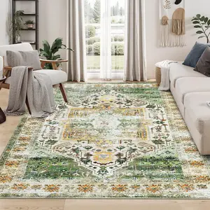 GARVEE Washable 10x13 Area Rug - Extra Large Vintage Tribal Farmhouse Accent Rug for Living Room and Bedroom, Stain Resistant, Non-Slip Traditional Floor Carpet in Green