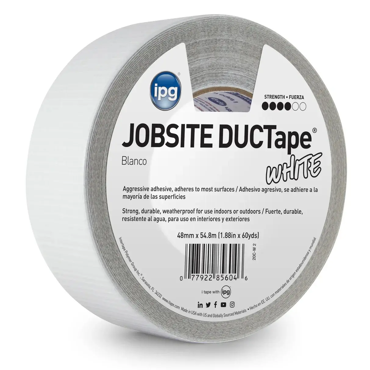 IPG AC20 Utility-Grade Duct Tape White 1.88 in × 60 yd 48 mm × 55 m Strong Durable Waterproof for Packaging Wrapping Sealing Binding and General Maintenance