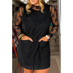 Black Plus Size Corduroy Patch Pocket Sleeveless Mini Dress