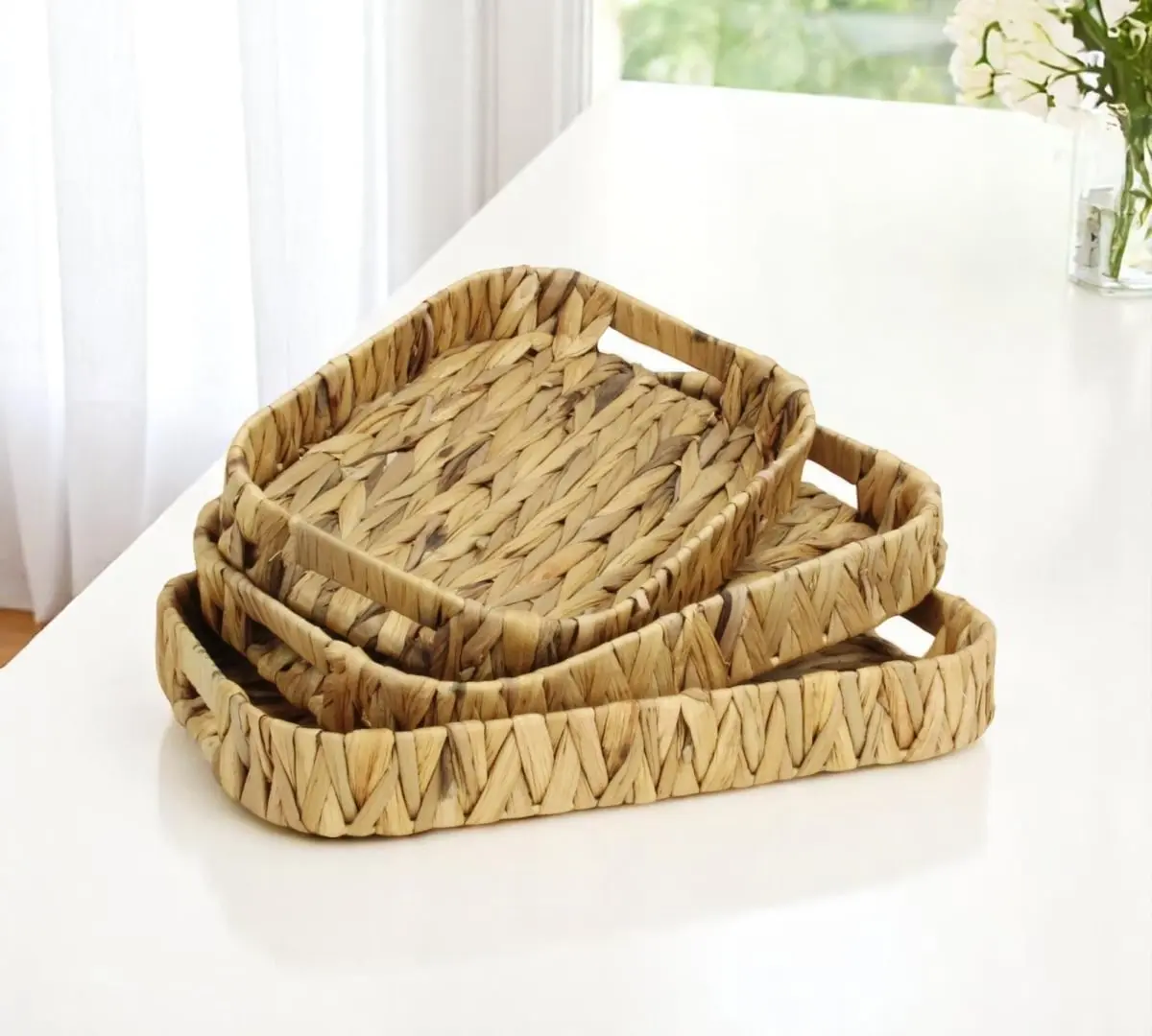 Set of 3 Natural Brown Water Hyacinth Rectangular Nesting Basket Trays with 360 Stand, Cut-Out Handles - Home Organizer Storage Unit for Living Room, Laundry Storage & Decor