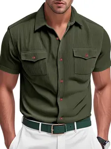 Men's Heavyweight Corduroy Work Pocket Shirt, Vintage Vertical Striped Fabric, Button-Down Design, Suitable for Business & Casual Wear