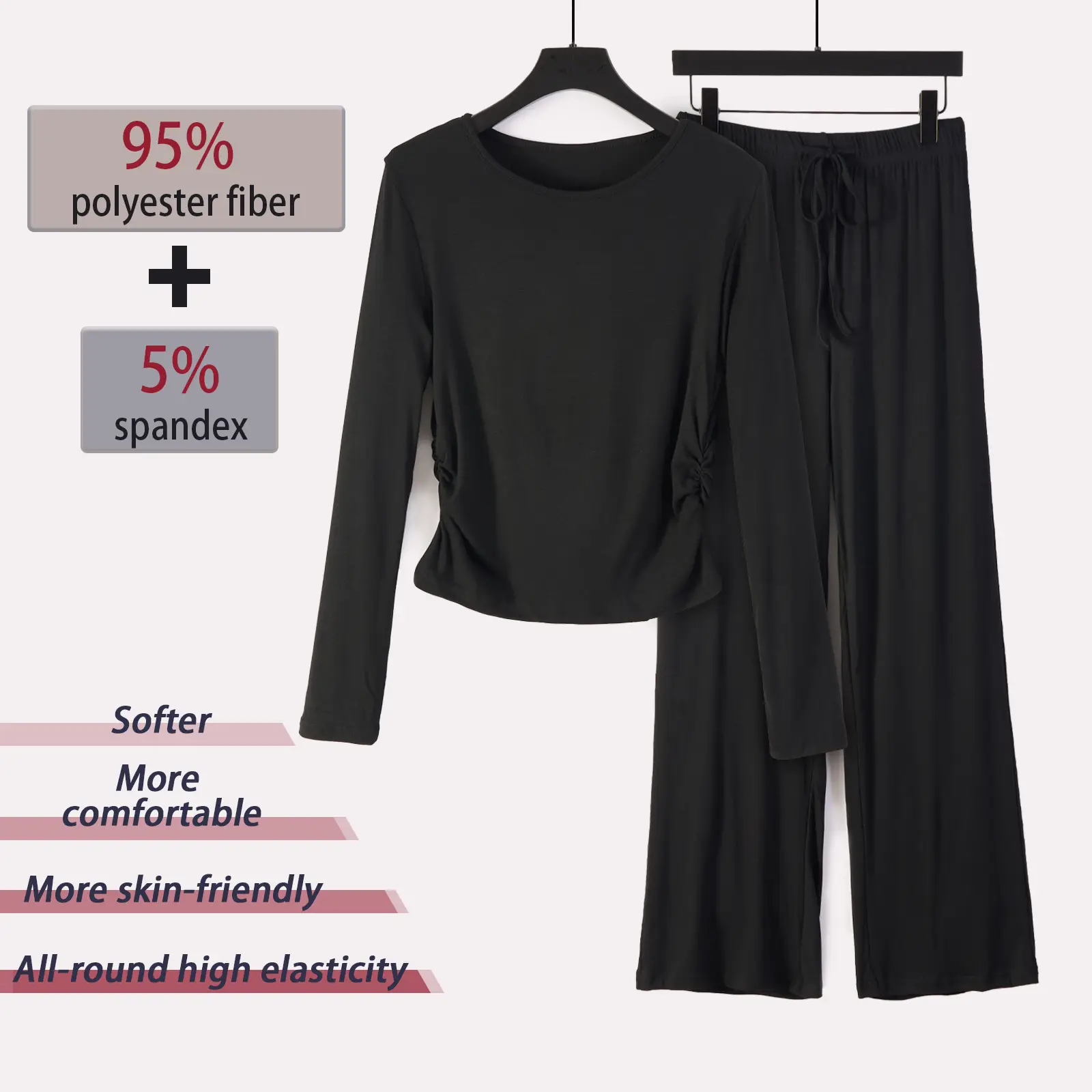 XINEV Women's 2.0 Set - Solid Long Sleeve Top & Straight Leg Pants Loungewear Set - Comfortable Round Neck Top & Trousers Pajama Set - Stretch Skin-Fr