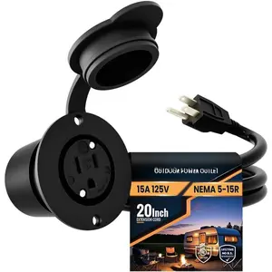 Outdoor  Outlet, 15 Amp 125  NEMA 5-15R Panel Mount Outlet, Exterior Electrical Outlet Kit with 20-Inch Extension Cord & Outdoor Weatherproof Rubber Cover (GCR1-BLACK)