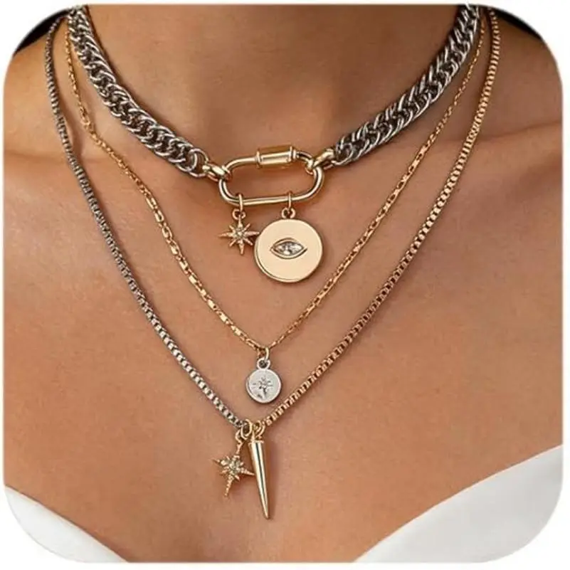 Metal simple gold and silver two-color multi-layer necklace, personalized exaggerated trendy eye pendant multi-layer stacking necklace for women, fashionable and versatile, suitable for daily wear during the back-to-school season, and a gift for Teacher's