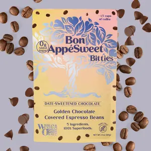 Bon Appesweet Date Sweetened Chocolate Covered Espresso Beans | Golden Caramel Chocolate Covered | 3 Ounce | Zero Added Sugar, 37% Cacao, Plant Based, Dairy Free, Limited Ingredients, and Guilt Free!
