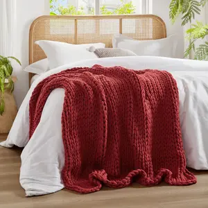 60 x 50 Throw Blanket, Handcrafted Double Knitted, Acrylic, Red