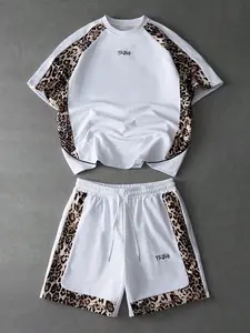 Men's 2-Piece White Leopard Print Patchwork Tracksuit Set, Short-Sleeve T-Shirt & Drawstring Shorts Two-Piece Outfit, Suitable For Streetwear And Summer Outfits