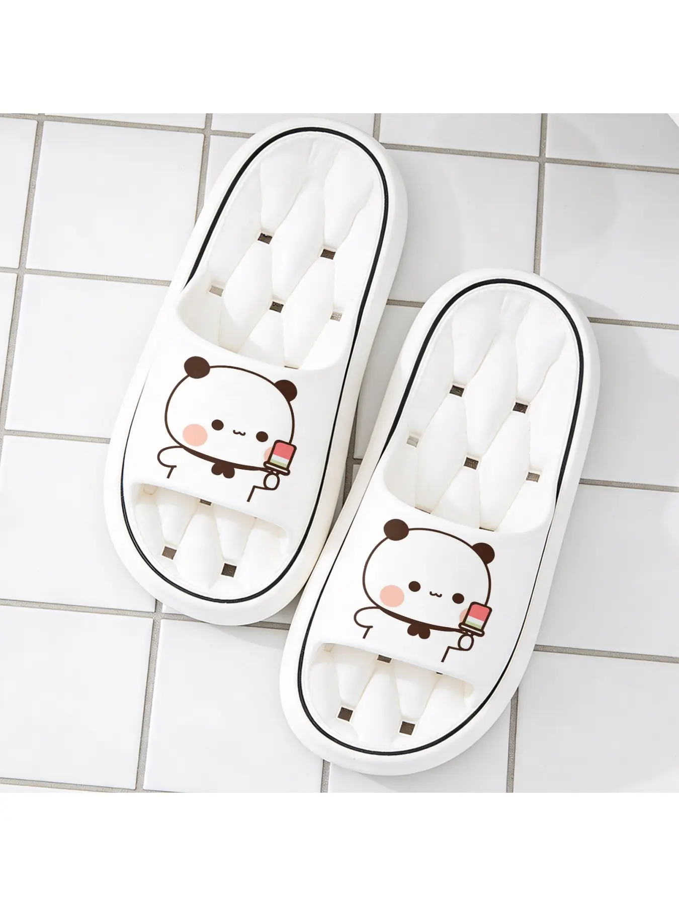 Cute Cartoon Panda with Watermelon Popsicle Print Quick-Dry Hollow Out Slide Slippers, Non-Slip Drainage Bathroom Shower Shoes, Soft Cushioned Home Sandals for Kawaii & Summer Style Lovers