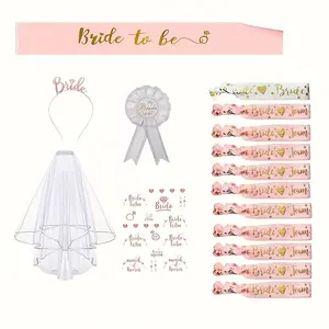 Bachelorette Party Decoration Set (16 Pieces), Bridal Party Supplies, Includes Bridal Veil, Straps, Wristbands, Headpieces, Badges, Perfect for Single Women Parties