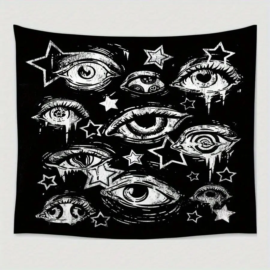 Eye-Print Linen Cloth Tapestry - 1-Piece Horizontal Wall Decor, Peach Light Beige Fabric Mat with Black Background for Living Rooms, Home Decor