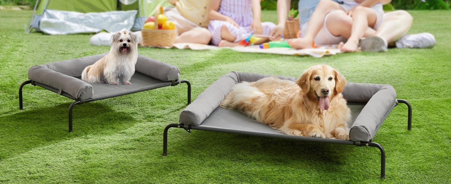 8.5 inches tall cooling elevated “Beat the Heat” dog bed for large dogs — waterproof raised dog cot with sloped headrest, breathable Teslin mesh, durable and portable pet bed for indoor and outdoor use, gray