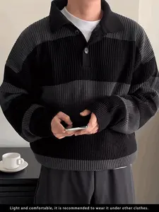 Men's Striped Lapel Half-Open Knit Polo Shirt, High-End Colorblock Sweater, American Vintage Style, Loose Fit, All Seasons