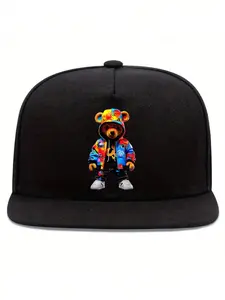 Colorful Hip-Hop Bear Print Unisex Appeal Streetwear Hat, Adjustable Fit Sporty Baseball Cap, Flat Brim Design, Perfect Gift for Friends and Yourself