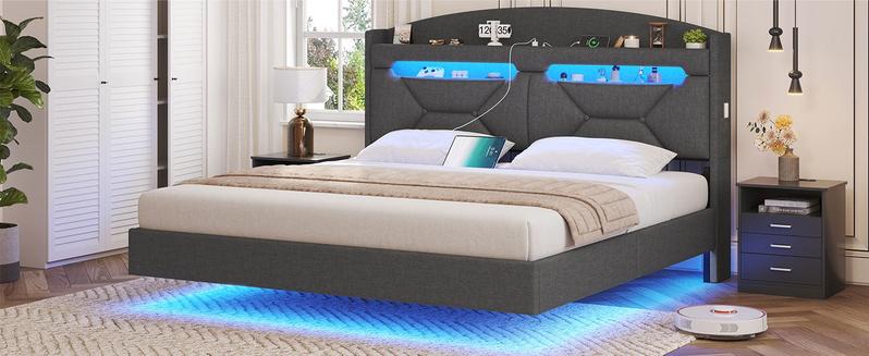 Sikaic LED Floating Bed Frame With Charging Station Hidden Storage Dark Grey