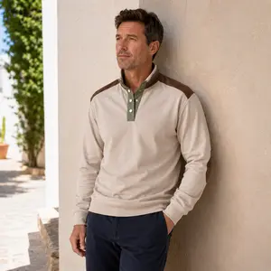 Men’s Quarter Button Pullover Sweatshirt, Stand Collar Colorblock Long Sleeve Casual Top with Elbow Patches, Warm Vintage Streetwear Sweatshirt for Fall Winter