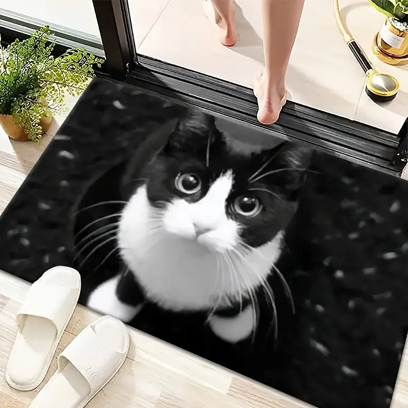 Black And White Cat-Themed Doormat, Suitable for Entryways, Kitchens, Living Rooms, And Bedrooms Machine Washable And Made of Flannel Material
