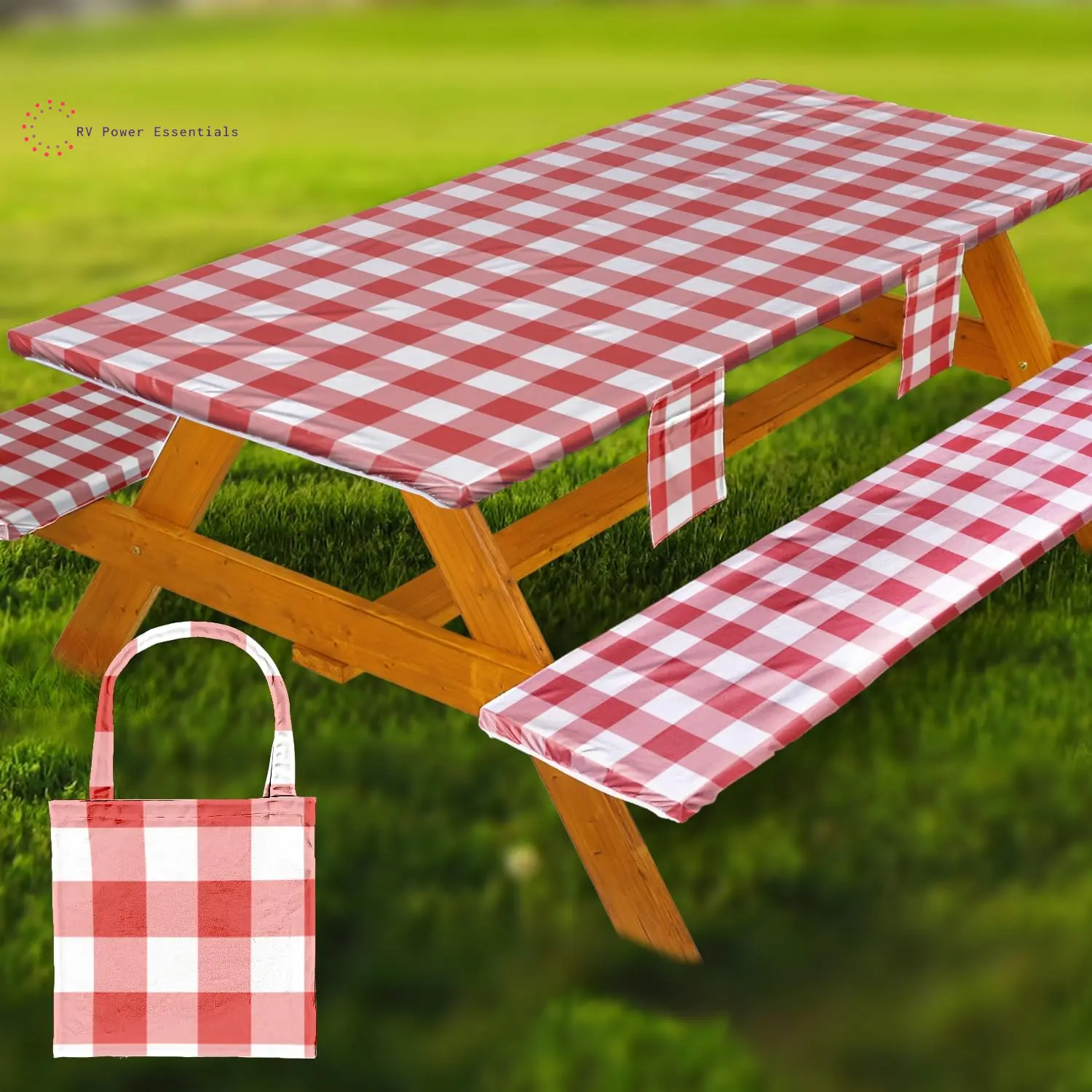 RV Power Essentials Fitted Waterproof Vinyl Picnic Table & Bench Cover Set Elastic Edge Spill Proof Easy Clean Design Perfect for RV Trips Camping Tailgates Outdoor Adventures