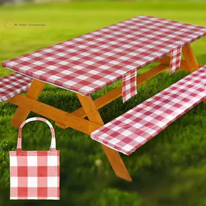 RV Power Essentials Fitted Waterproof Vinyl Picnic Table & Bench Cover Set Elastic Edge Spill Proof Easy Clean Design Perfect for RV Trips Camping Tailgates Outdoor Adventures