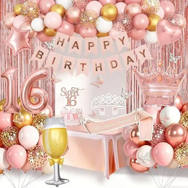 Sweet 16 Birthday Decorations, Rose Gold Pink Party Kit with Balloons, Sash, Crown, Banner