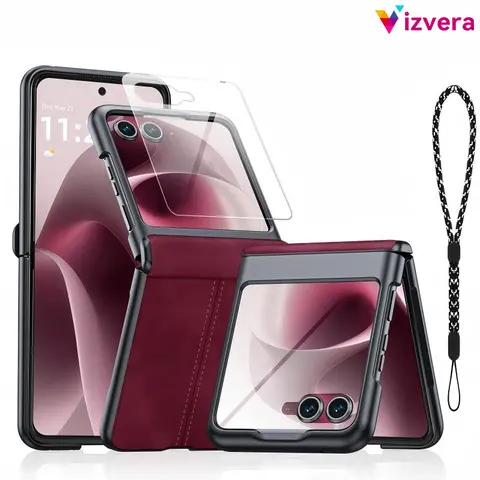 VIZVERA Leather PC Phone Case with Built-In 9H Glass Screen Protector and 360° Hinge Protection, Slim Shockproof Polycarbonate Cover for Motorola Razr 2026/2025/2024, Wireless Charging Compatible, Fingerprint Resist techvibes