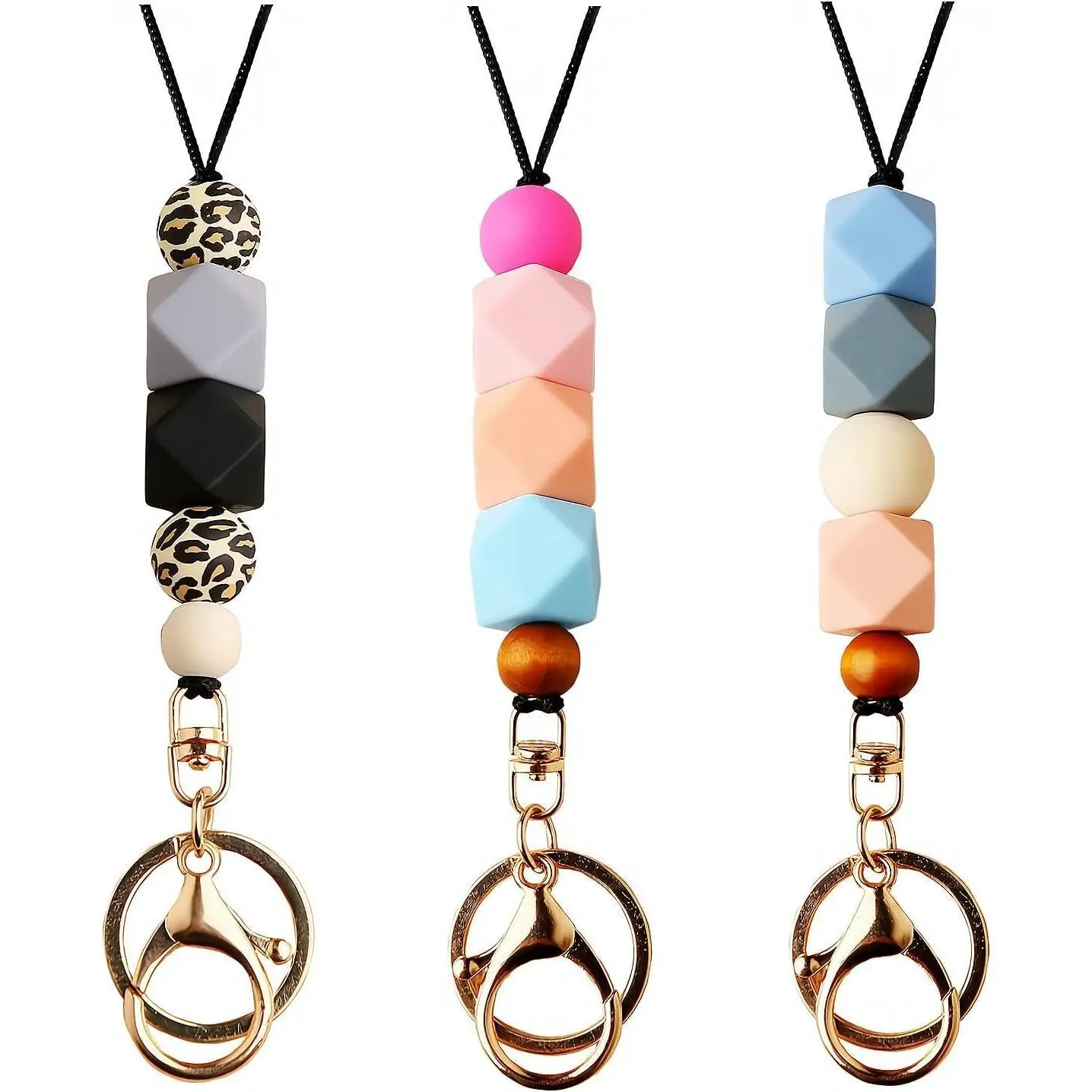 BY-269  3PCS Teacher Breakaway Lanyards for Id Badges and Keys, Beaded Cute Badge Lanyards for Women Soft Nurse Necklace Boho Lanyards Fashion Silicone Bead Lanyard
