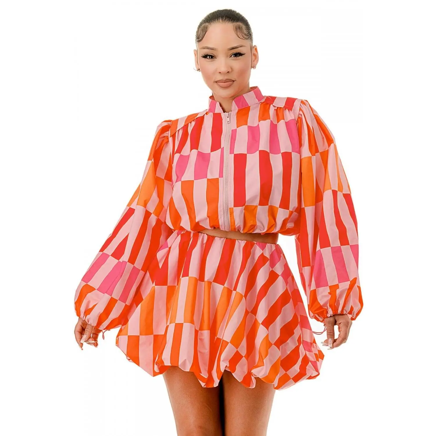 Balloon Long Sleeves Front Zipper Closure Crop Jacket & Mini Bubble Skirt -2 Piece Set