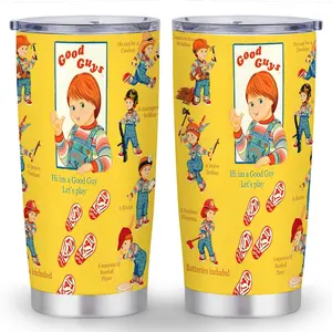 1pc Chucky & Tiffany Horror Movie Tumbler - Chucky Film Collectible Cup with Iconic Characters, 20oz Leak-Proof Lid, 304 Stainless Steel Cup for Fans, Birthday/Christmas, Reusable & Durable