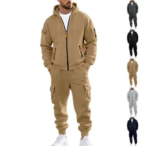 Men's Winter Fleece-Lined Hoodie & Drawstring Pants Set Warm Casual Long-Sleeve Top & Bottoms Multi-Pocket Design