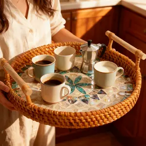 3pcs Handmade Mosaic Rattan Tray - Boho Decorative Serving Tray For Kitchen/Living Room, Multi-Use Organizer For Coffee/Nuts/Dessert, American Style Hand-Cut Craft Tray