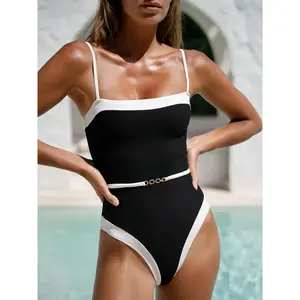 BERLOOK Women's Eco-Friendly GRS Certified Recycled Black Contrast Gleam 1-Piece Swimsuit for Sports & Outdoor Activities, Swimsuit For Women