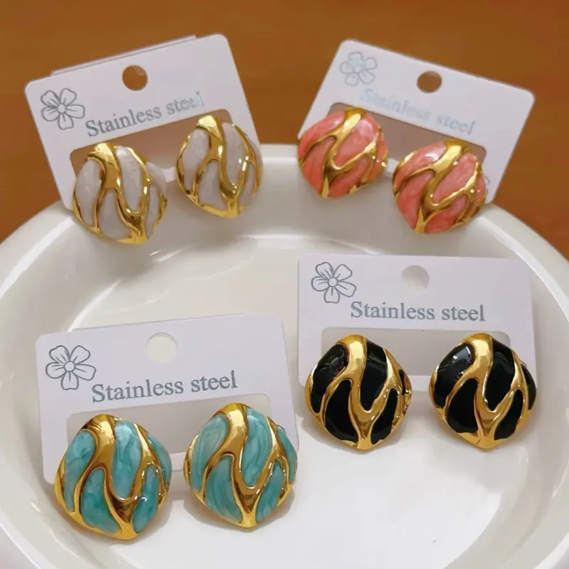 Pendientes Ovalados de Acero Inoxidable Chapados en Oro de 18K, Estilo Irregular y Moderno, con Diseño de Gota de Aceite, Coloridos y Geométricos, para Mujer