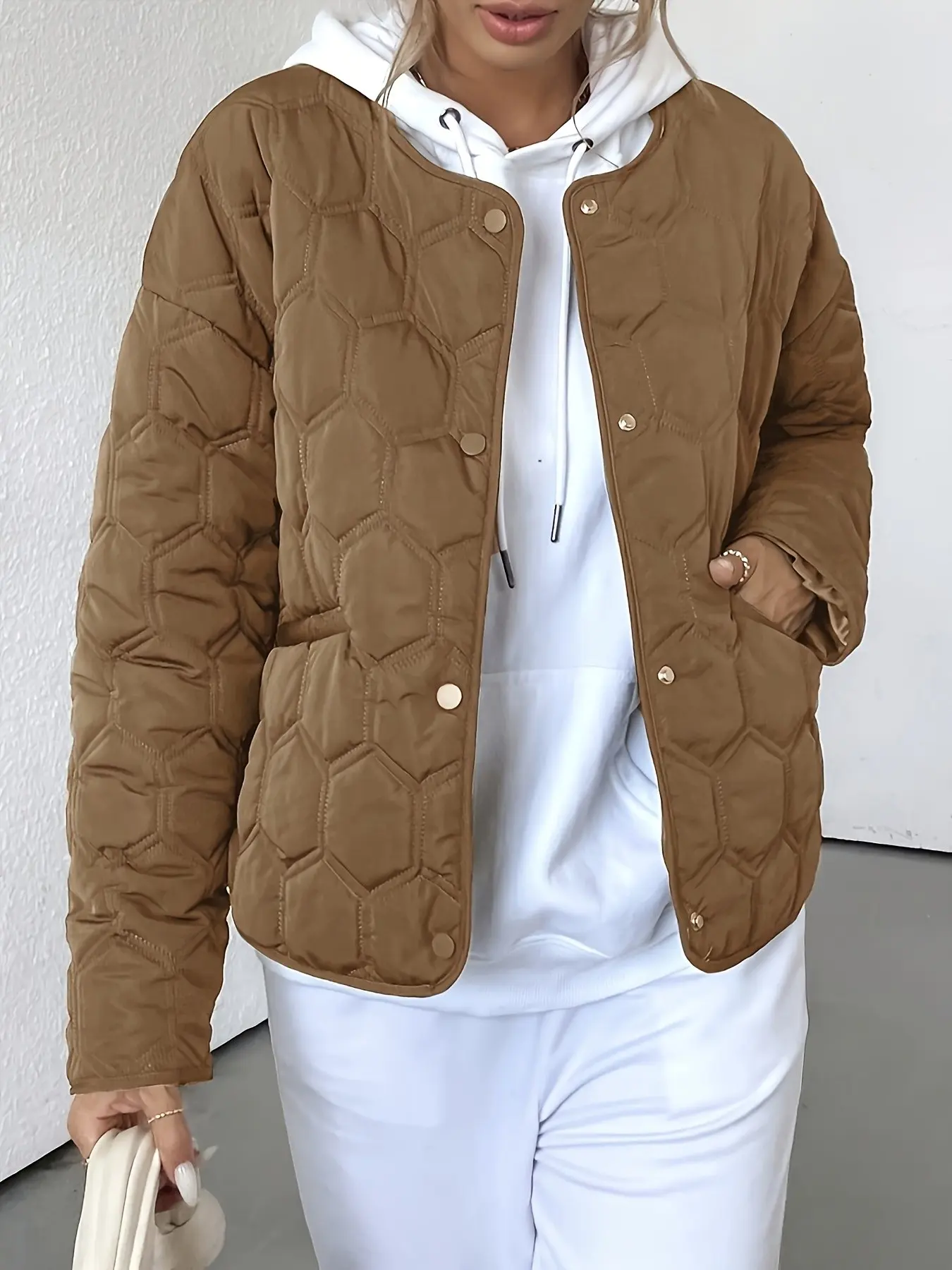 A women's brown checkered round-neck long-sleeved fitted thick warm cotton woven coat, everyday casual and versatile jackets, Outerwear, Womenswear