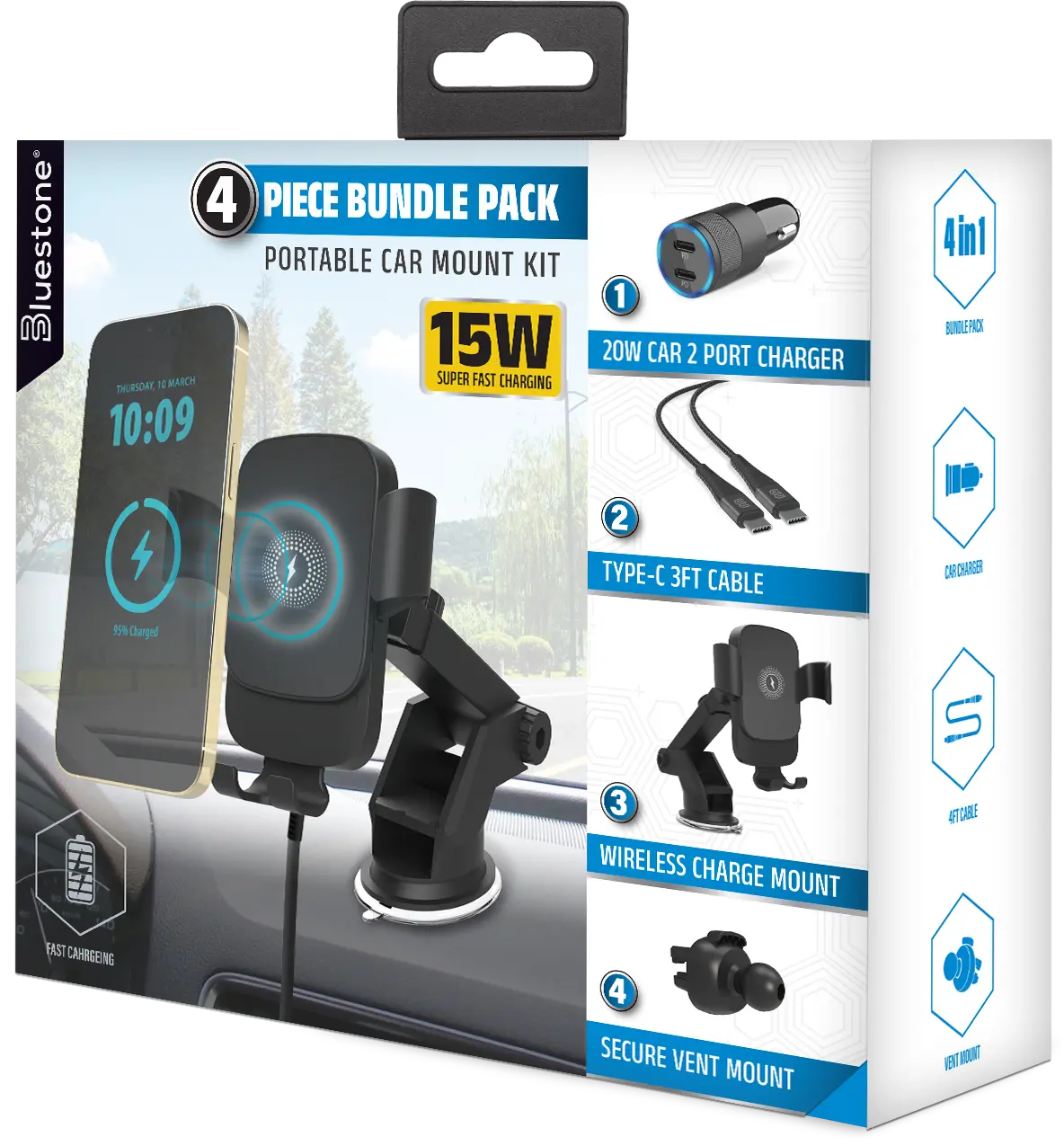 Bluestone 4-Piece Portable Car Mount Kit | 15W Fast Wireless Charging | Dual USB-C 20W Car Charger | Type-C 3 ft Cable | Secure Vent Mount | 360° Adjustable Dashboard Holder