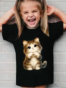Girls' Fluffy Kitten Print T-Shirt, Cute Cartoon Design, Soft Fabric, Comfortable Casual Top, Fashion Tee