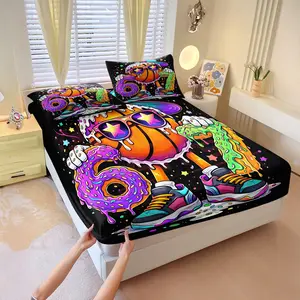 3Pcs Basketball Donut Number 67 Printed Fitted Sheet Set,Cool and Street-Style Bedding Set,Soft and Durable Sheets Creating A Cozy Atmosphere, Perfect for Any Room DéCor.Includes Two Pillowcases (Excluding Pillow Core)