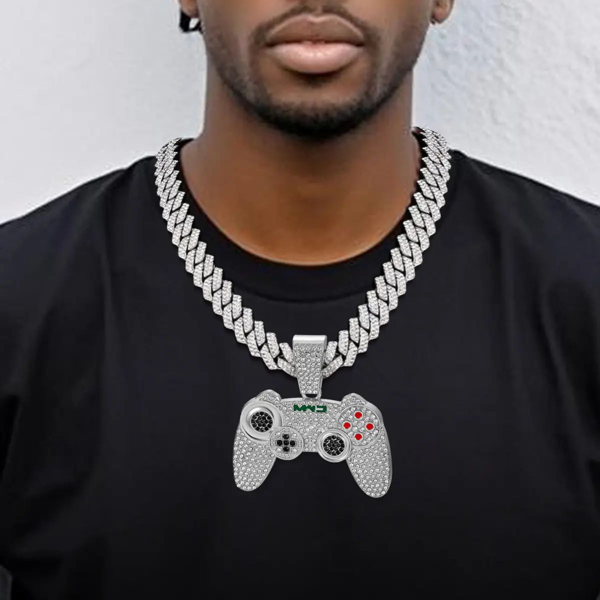 MaxBling81 Men's Hip Hop Necklace with Large CZ Game Controller Fashion Pendant (75x50mm), 13mm Iced Cuban Chain, Gold or White Gold Plated, 16-24in, Exquisite Trendy Pendant, Fashion Pendants