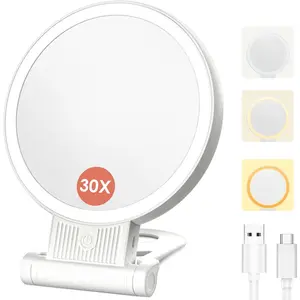 1X/30X Magnifying Mirror with Light and Brightness, Makeup Mirror with 360° Folding Handle, Sided Mirrors, Foldable Mirror (white)