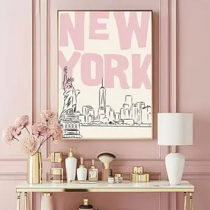 New York City Statue of Liberty Pink Skyline Canvas Poster – Modern Minimalist NYC Ink Art Print, Preppy Room Aesthetic for Dorm & Bedroom