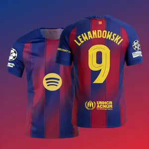 2526 Home Red  Blue No.9 Lewandowski Retro Short Sleeve Soccer  Football Jersey