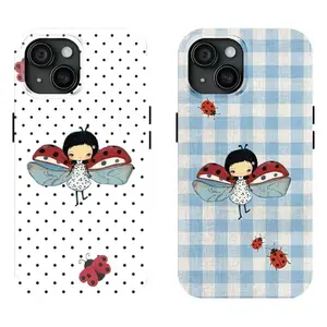 Cartoon ladybug girl and plaid polka dot pattern phone case | Y2K style protective case, compatible with iPhone 17/16/15/14/13/12/11 Pro Max/Plus and Samsung Galaxy S23FE/22/23/24/25