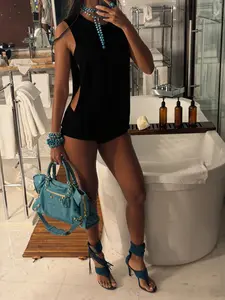 Women's Two-Piece Set Sexy Round Neck Side Cut Out Sleeveless Vest Top and High Waist Short Pants, Casual Slim-Fitting Plain Style