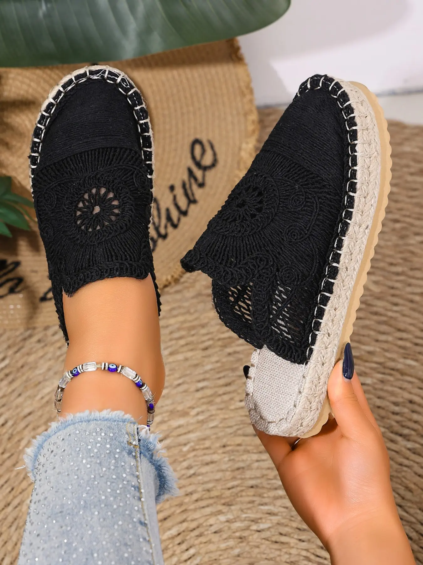 Women's Thick Sole Linen Braided Peep Toe Mules, Slip-On Retro Bohemian Beach Sandals, Comfortable Fisherman Shoes for Vacation